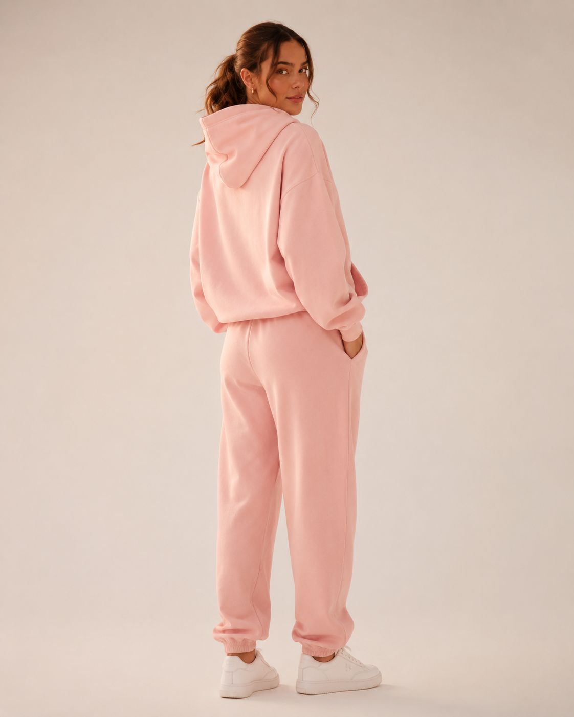 Three-quarter view of the PinkyCoco Pink Coconut Besties matching fleece set