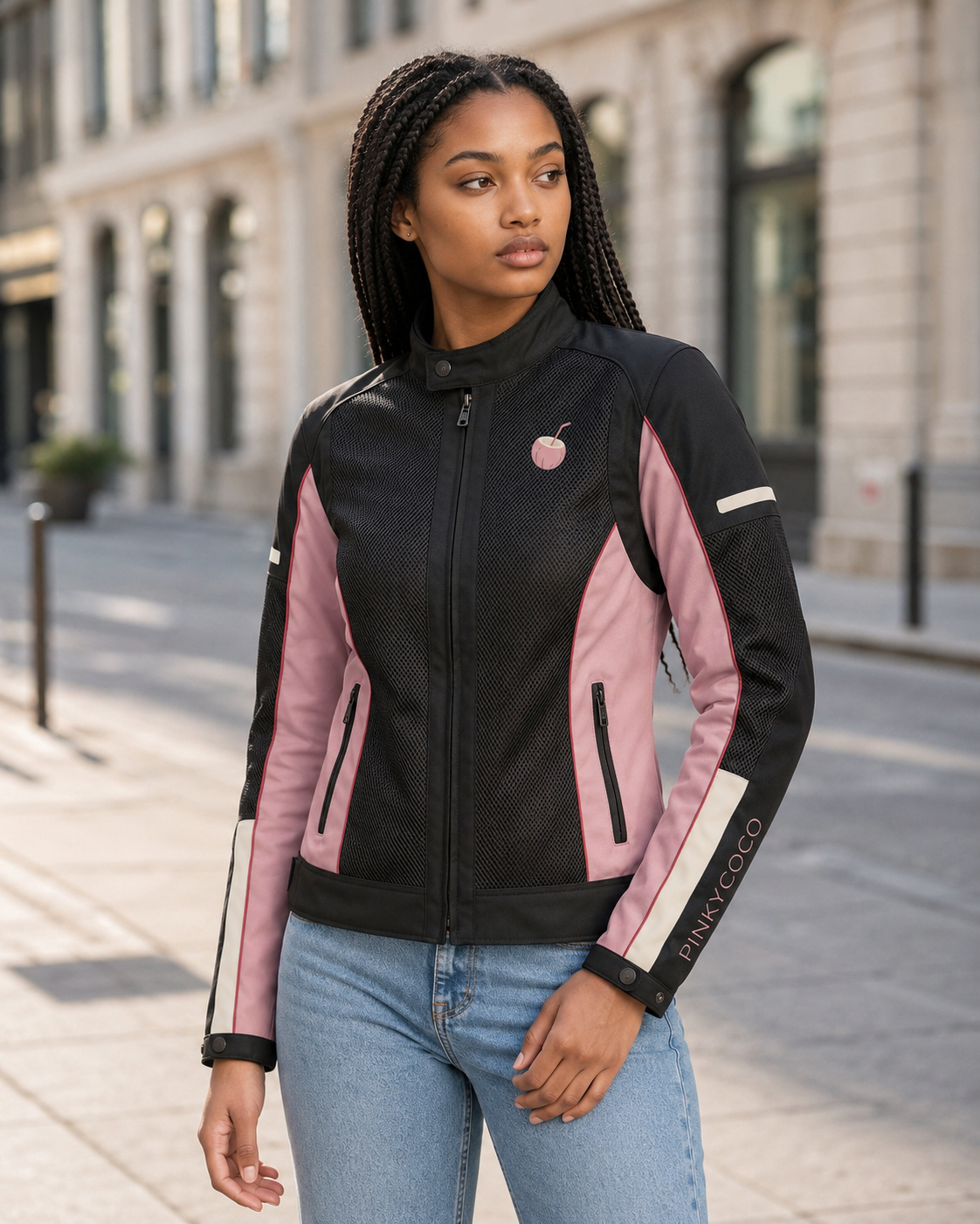 PinkyCoco Pink Mesh Ventilated Riding women's racing jacket, front view