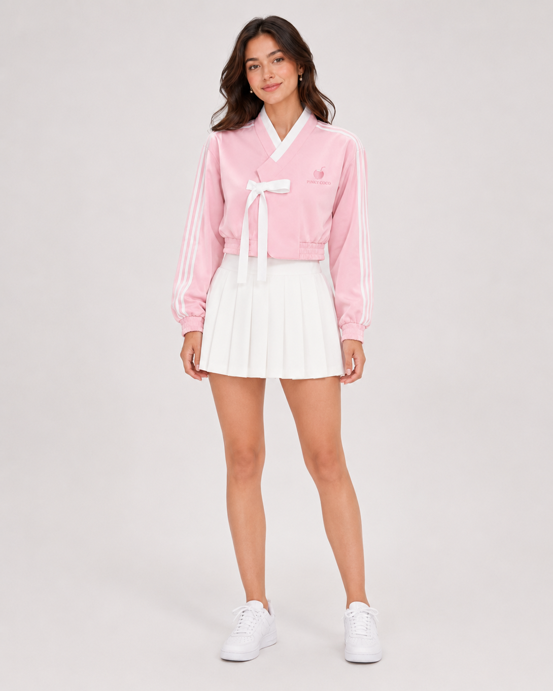 PinkyCoco Pink Striped Bow Women's Fashion Jacket, front view