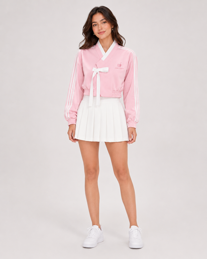 PinkyCoco Pink Striped Bow Women's Fashion Jacket, front view