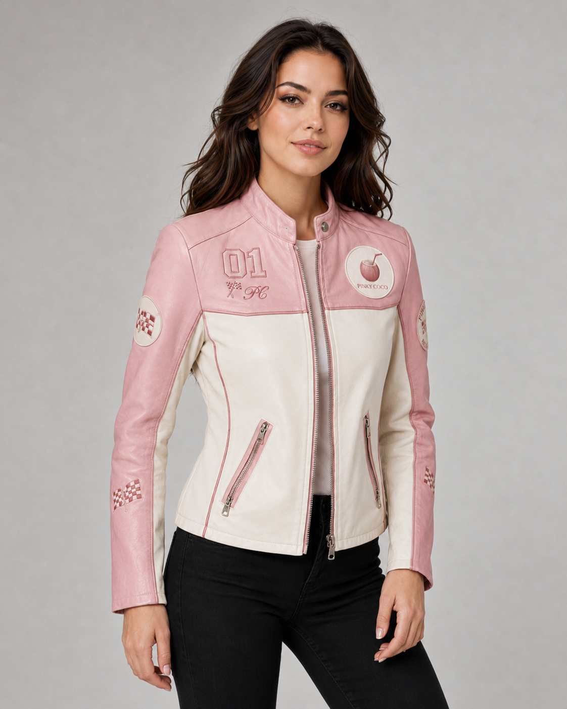 PinkyCoco Pink White women's racing jacket, front view