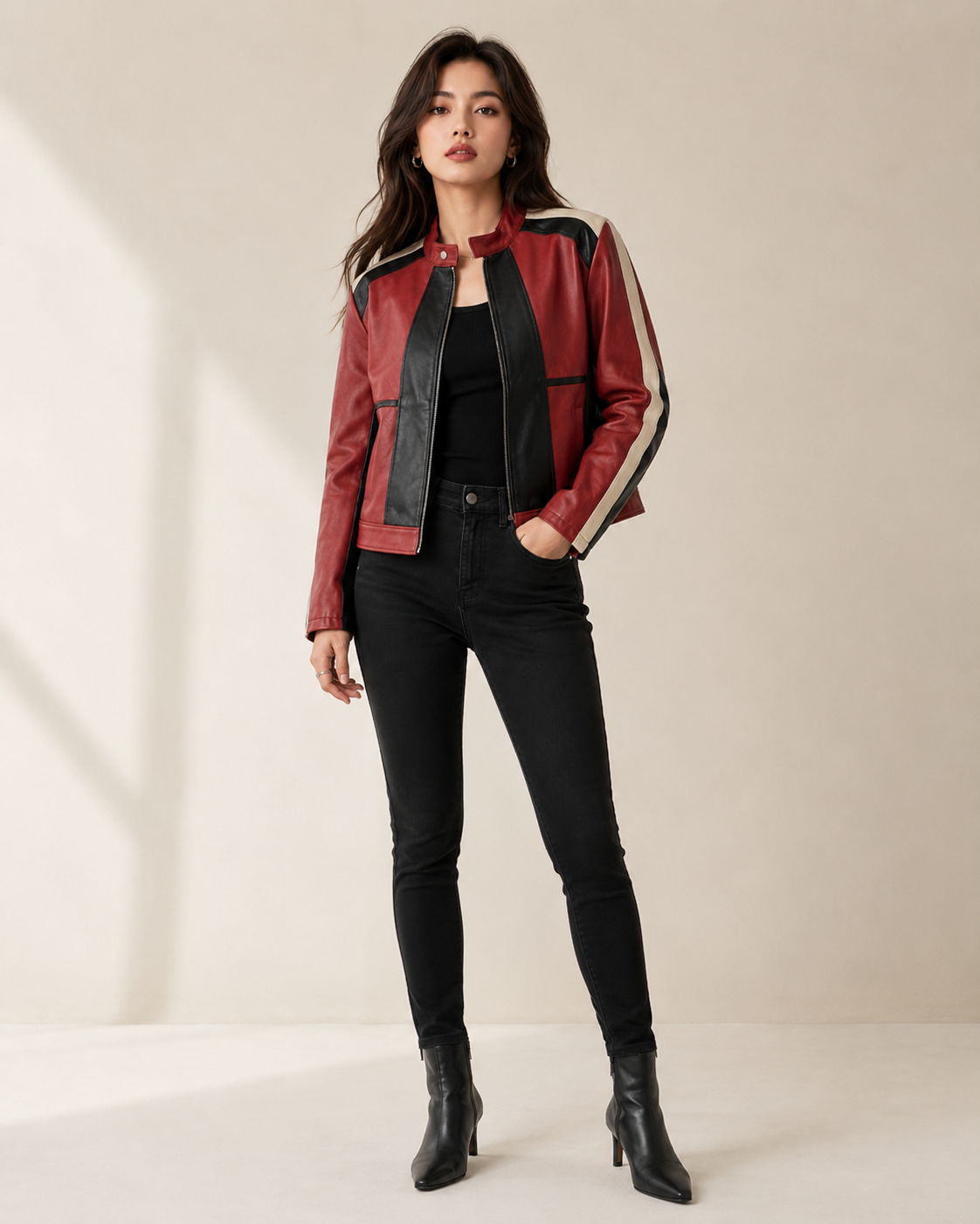 PinkyCoco Red Black Panel women's racing jacket, front view