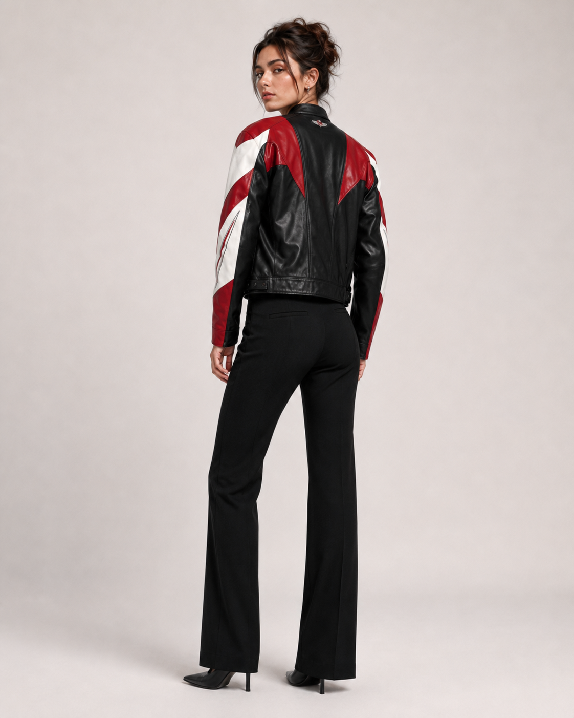 PinkyCoco Red Black Wing women's racing jacket, front view