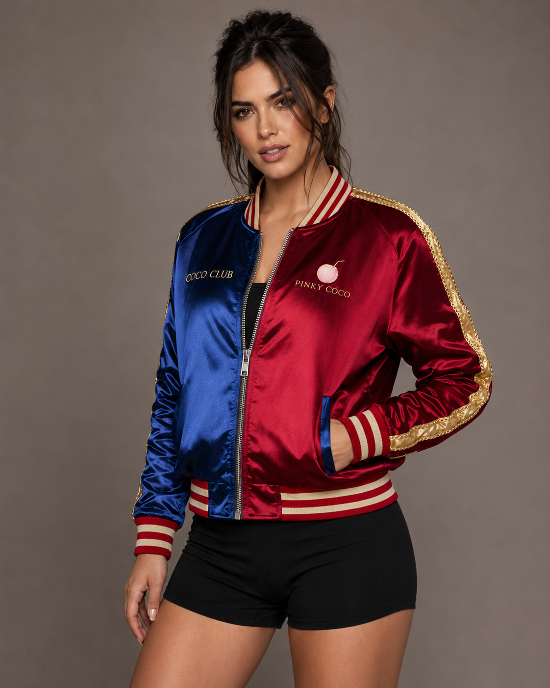 PinkyCoco Red Blue Coco Club Women's Satin Bomber Jacket, front view