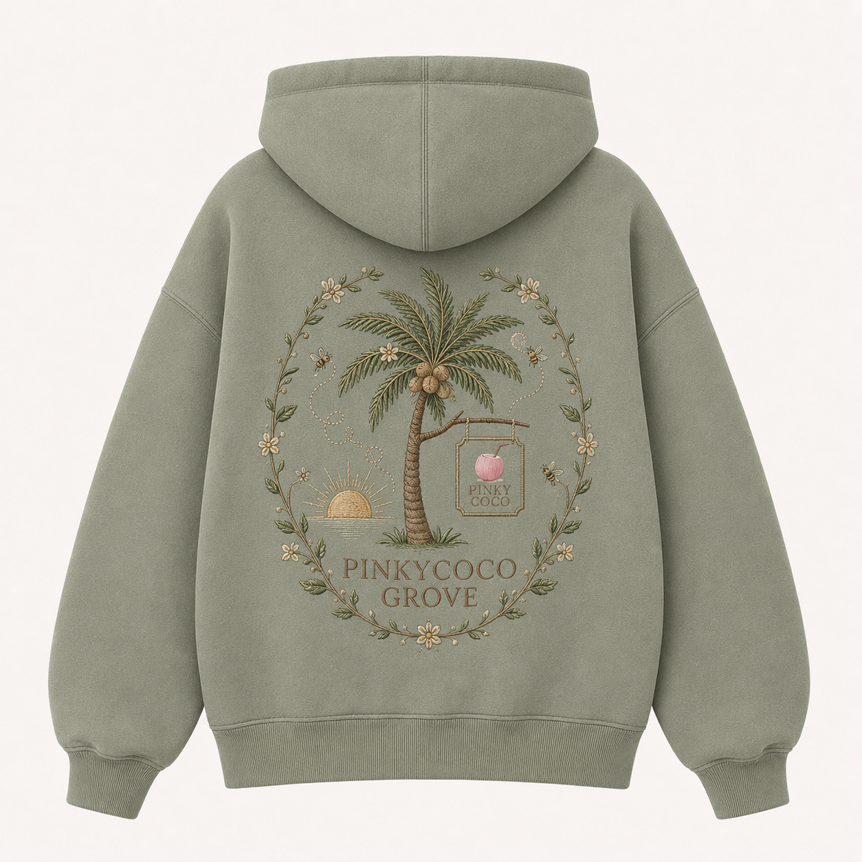 Front view of the PinkyCoco Sage Bee Coconut Grove women's hoodie