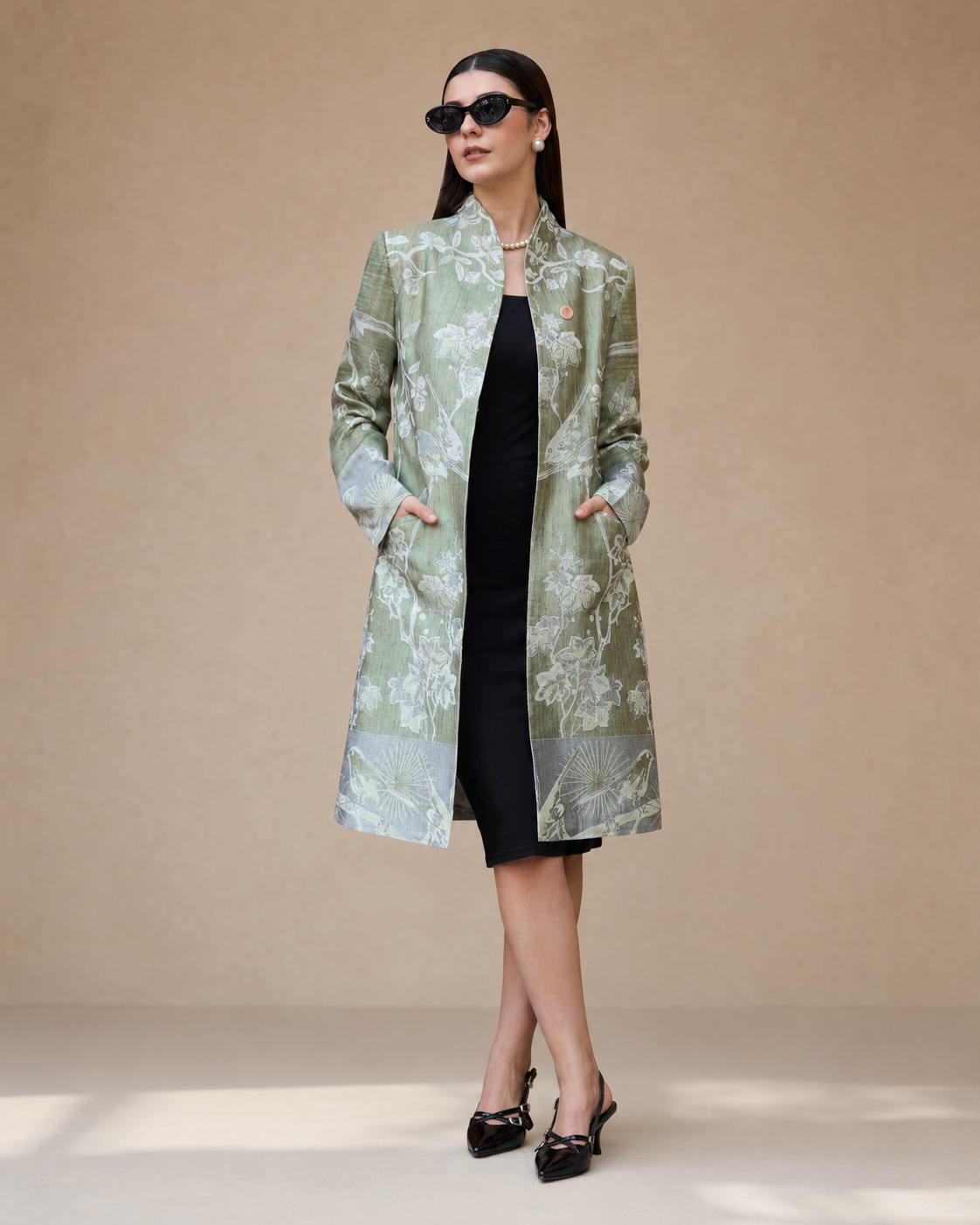 PinkyCoco Sage Floral Women's Statement Coat, front view