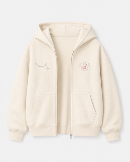 Front view of the PinkyCoco Seashell Jewellery Box women's zip hoodie