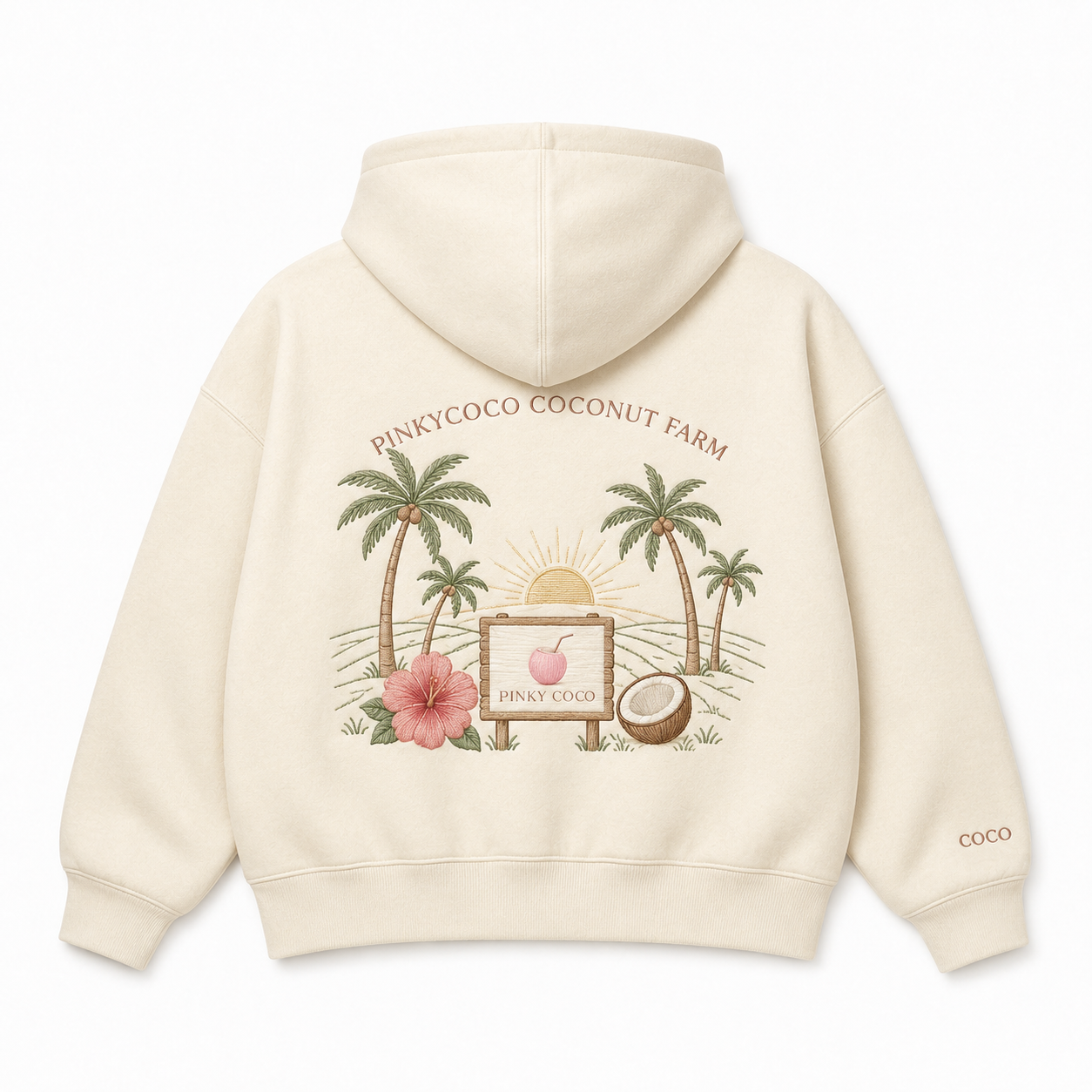 Front view of the PinkyCoco Signature Coconut Farm women's hoodie