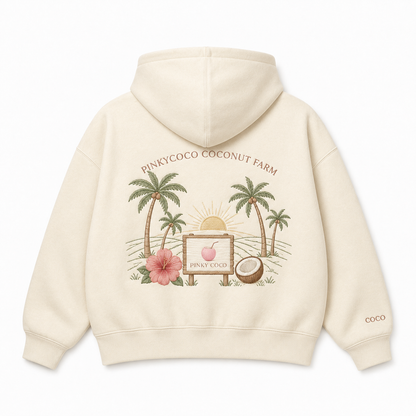 Front view of the PinkyCoco Signature Coconut Farm women's hoodie