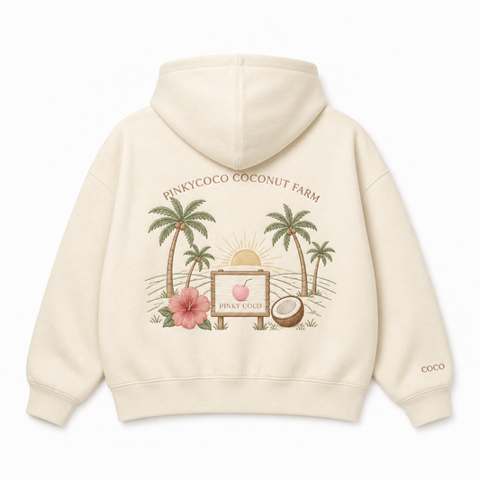 Front view of the PinkyCoco Signature Coconut Farm women's hoodie