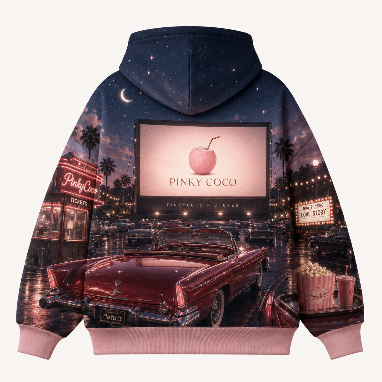 Front view of the PinkyCoco Starlet Drive In women's hoodie