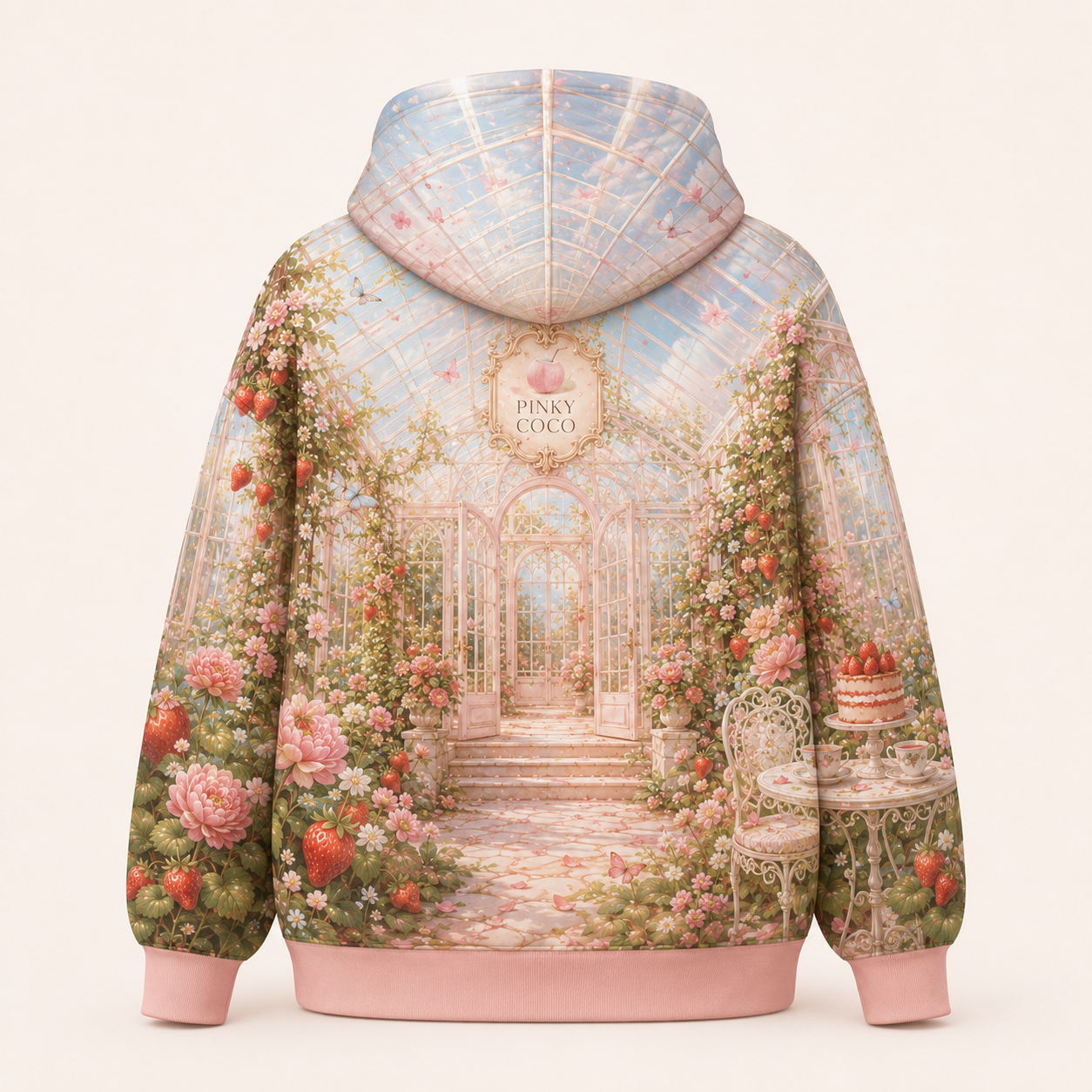 Front view of the PinkyCoco Strawberry Glasshouse women's hoodie