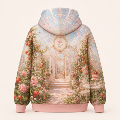 Front view of the PinkyCoco Strawberry Glasshouse women's hoodie