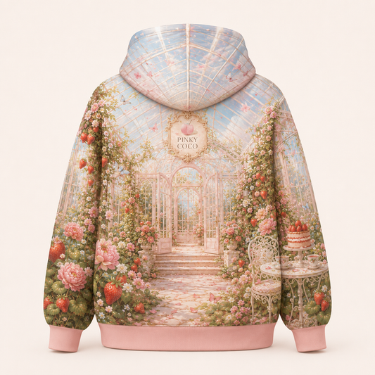 Front view of the PinkyCoco Strawberry Glasshouse women's hoodie