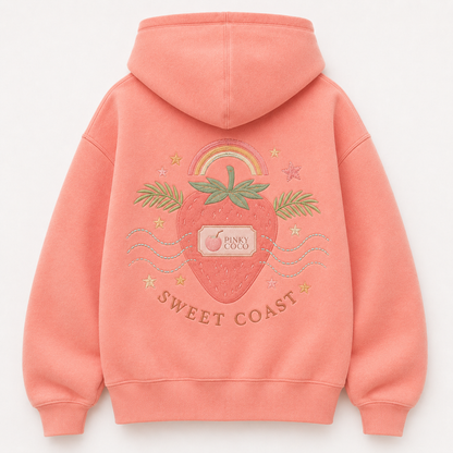 Front view of the PinkyCoco Strawberry Rainbow Coast women's hoodie