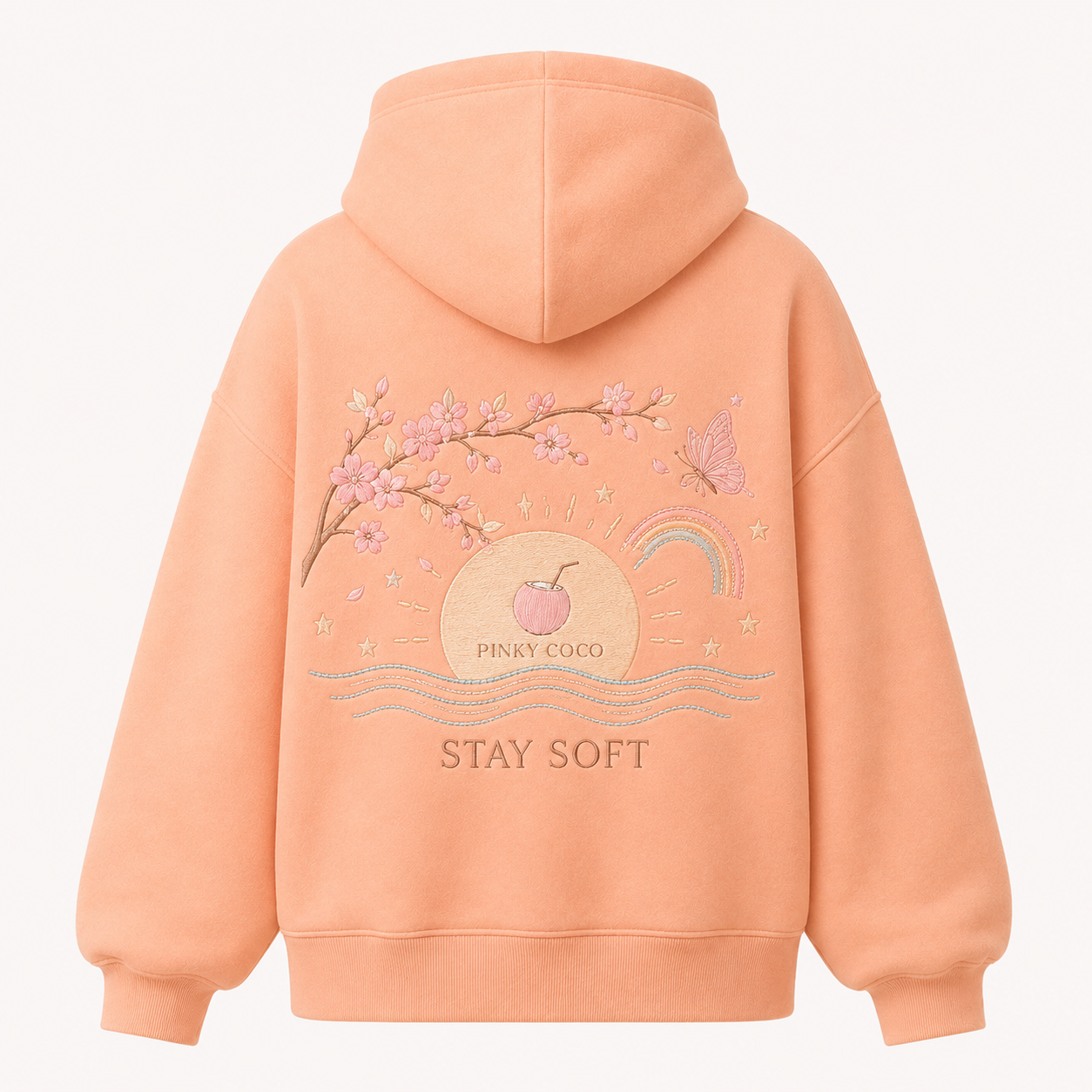 Front view of the PinkyCoco Sun Kissed Blossom Beach women's hoodie