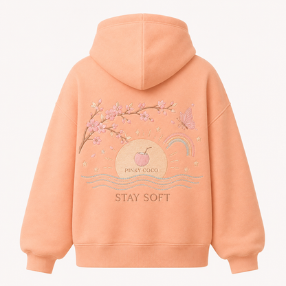 Front view of the PinkyCoco Sun Kissed Blossom Beach women's hoodie
