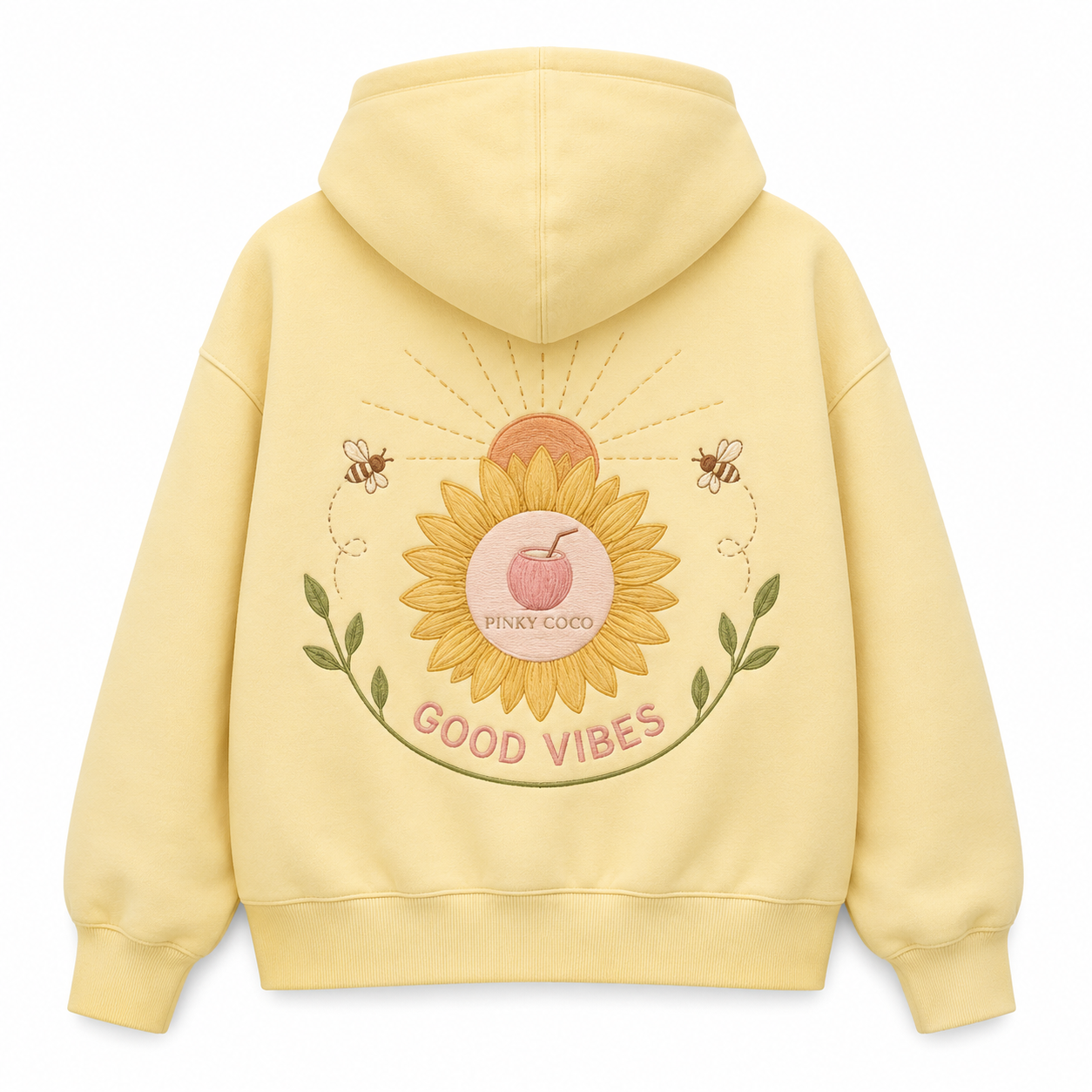 Front view of the PinkyCoco Sunflower Good Vibes Morning women's hoodie