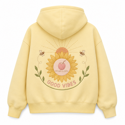 Front view of the PinkyCoco Sunflower Good Vibes Morning women's hoodie