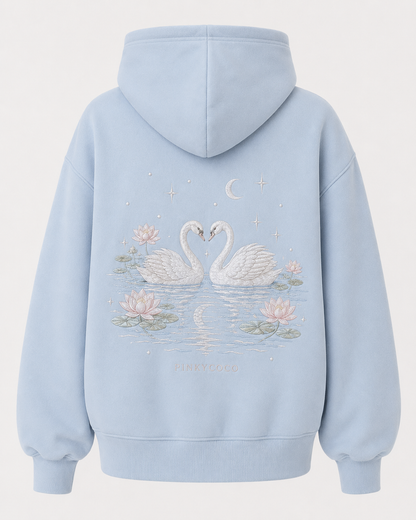 Front view of the PinkyCoco Swan Lake women's zip hoodie