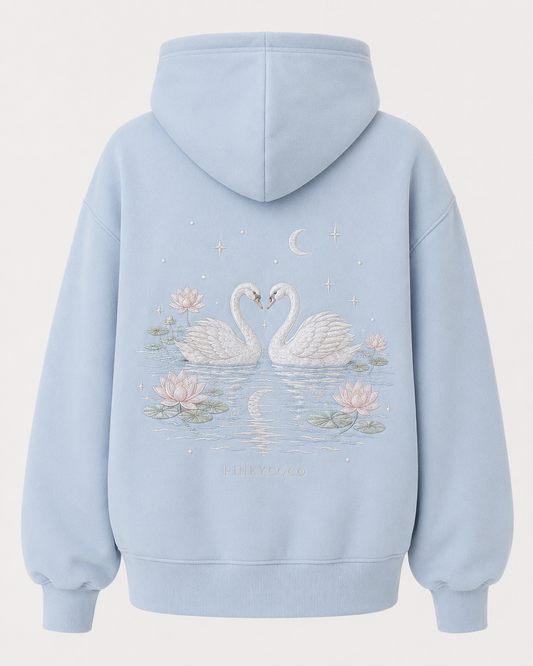 Front view of the PinkyCoco Swan Lake women's zip hoodie