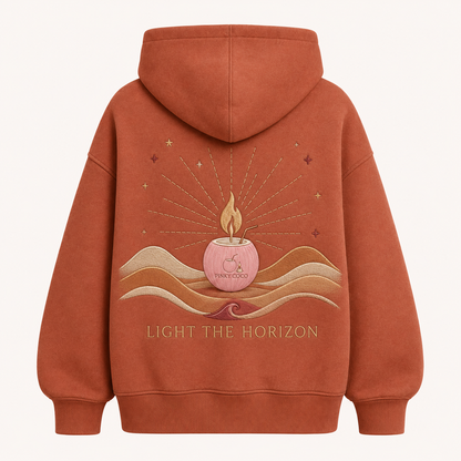 Front view of the PinkyCoco Terracotta Candle Sun Dunes women's hoodie