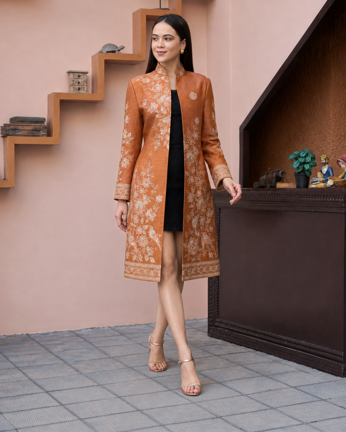 PinkyCoco Terracotta Floral Women's Statement Coat, front view
