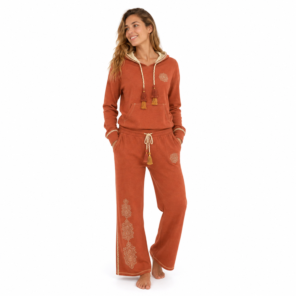 Front view of the PinkyCoco Terracotta Mandala Dream women's fleece hoodie and sweatpants set