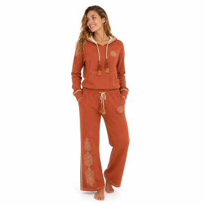 Front view of the PinkyCoco Terracotta Mandala Dream women's fleece hoodie and sweatpants set