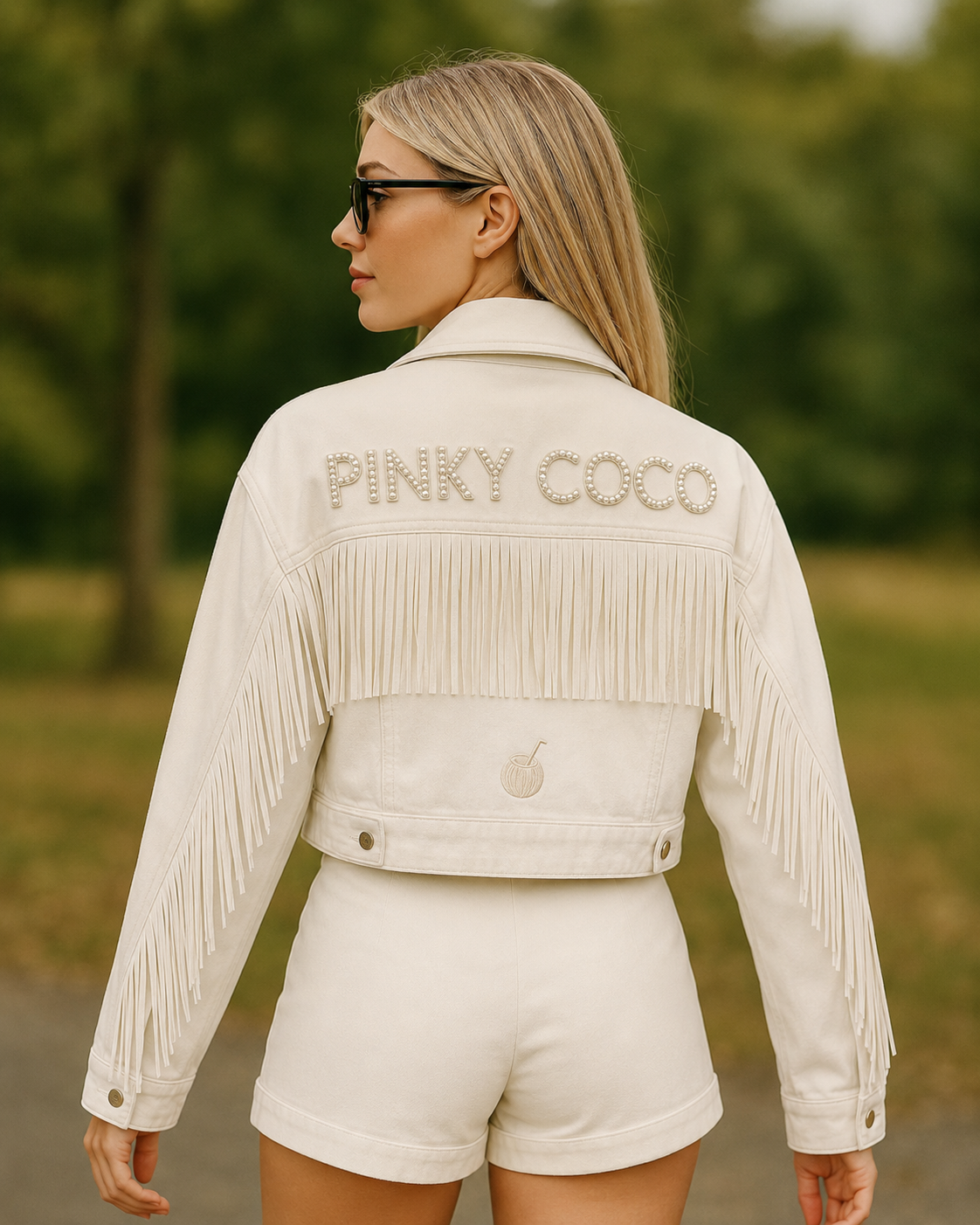 PinkyCoco White Fringe Women's Denim Jacket, front view
