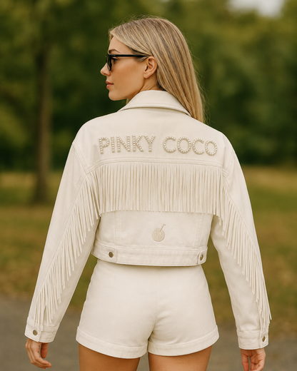 PinkyCoco White Fringe Women's Denim Jacket, front view