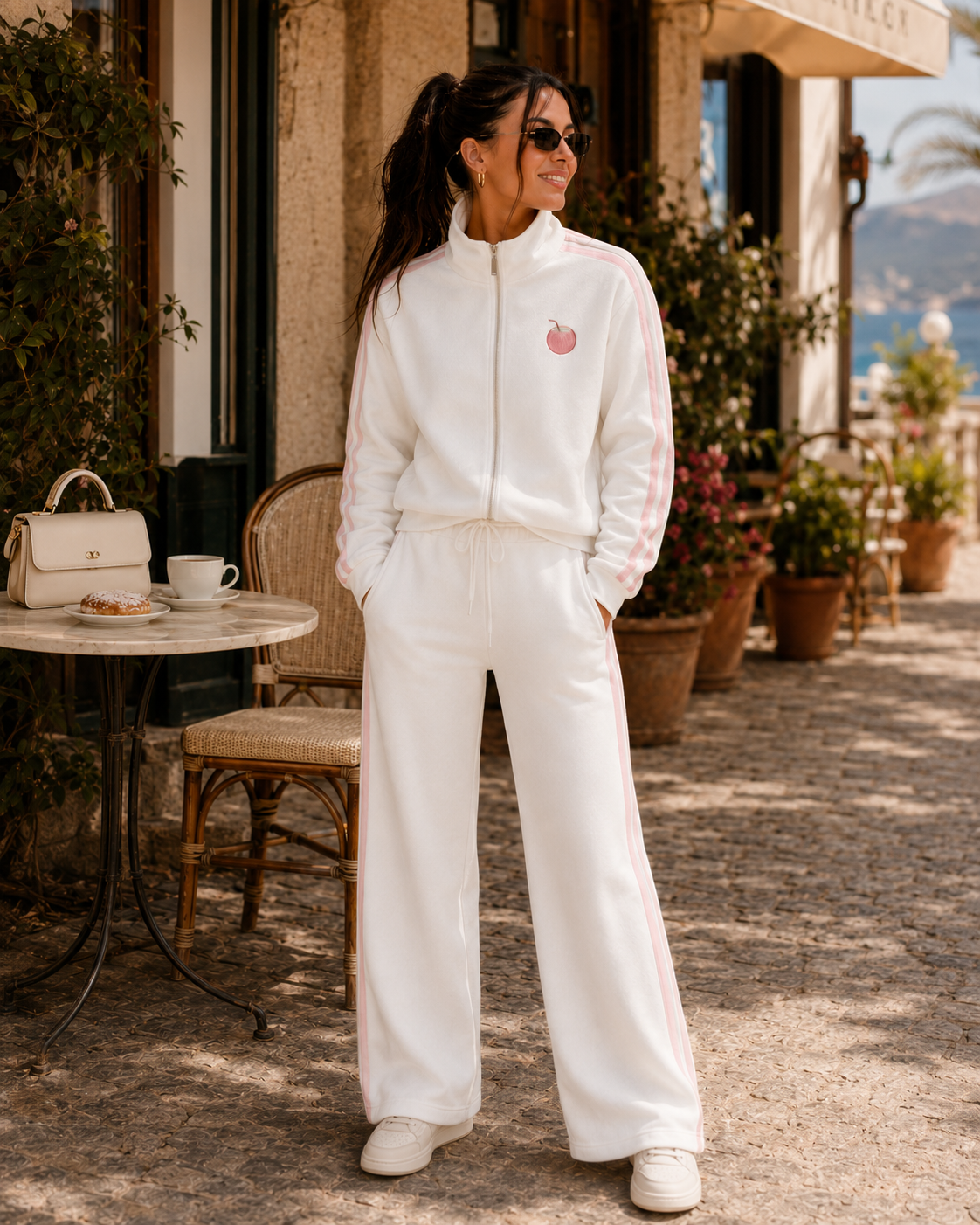 Front product view of the PinkyCoco White Pinkstripe Coco women's matching fleece lounge set