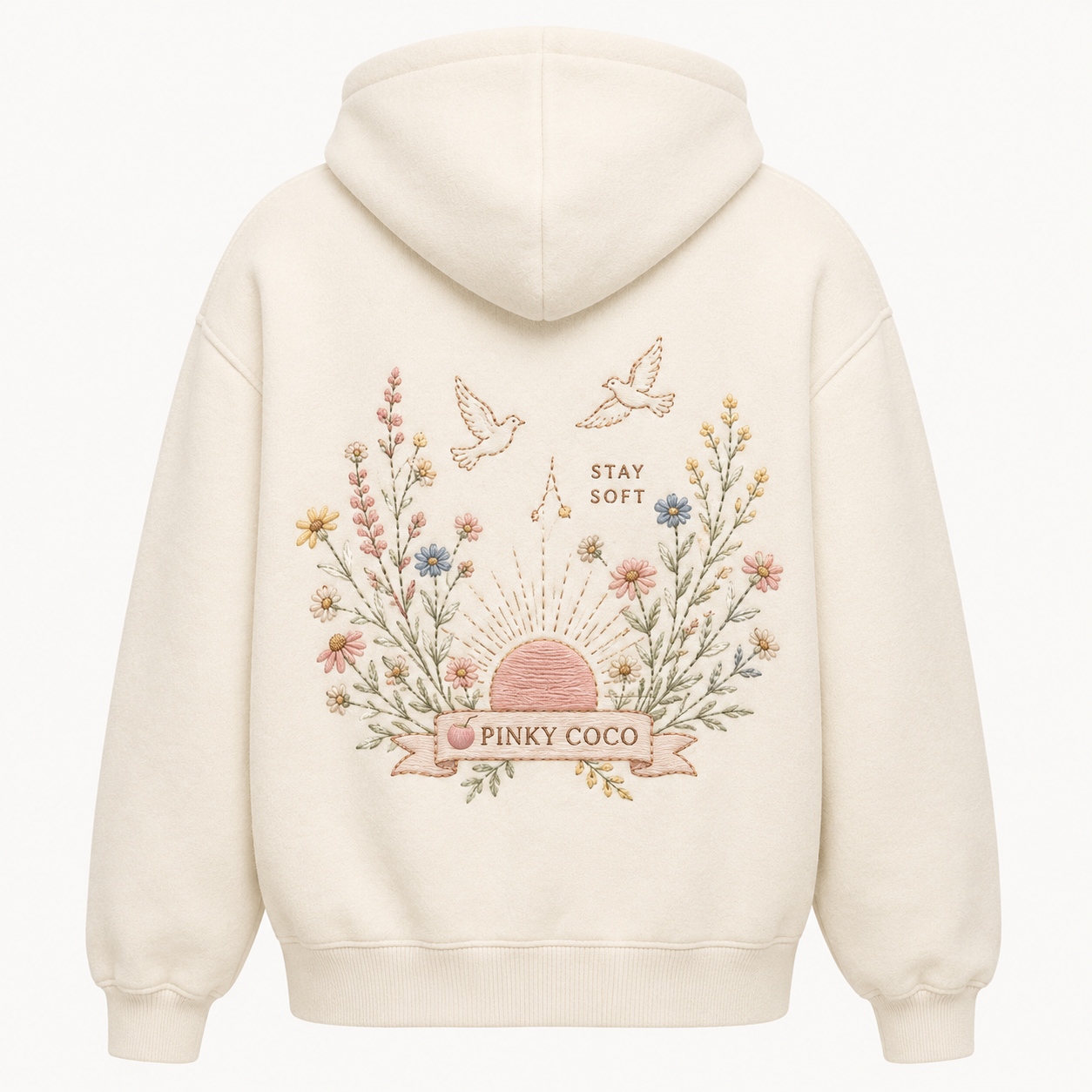 Front view of the PinkyCoco Wildflower Sunrise women's hoodie
