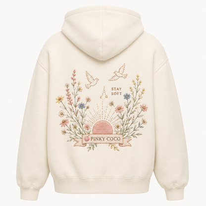 Front view of the PinkyCoco Wildflower Sunrise women's hoodie