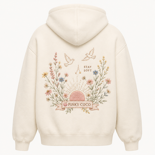 Front view of the PinkyCoco Wildflower Sunrise women's hoodie