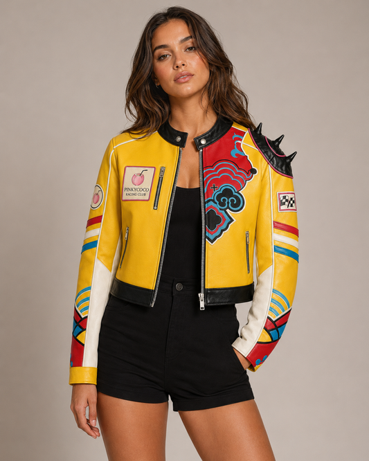 PinkyCoco Yellow Pop Spiked women's racing jacket, front view
