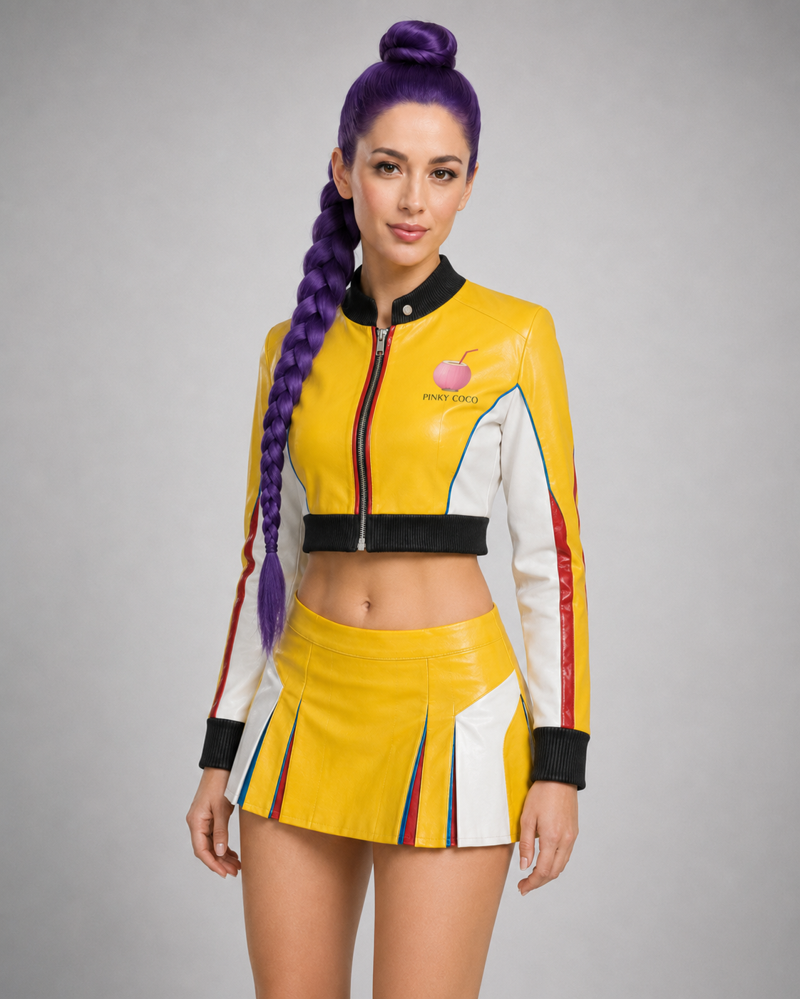 Front product view of the PinkyCoco Yellow Pop women's sheepskin leather racing jacket and skirt set