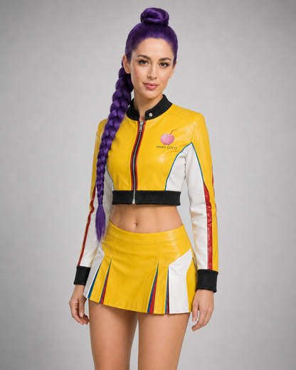 Front product view of the PinkyCoco Yellow Pop women's sheepskin leather racing jacket and skirt set