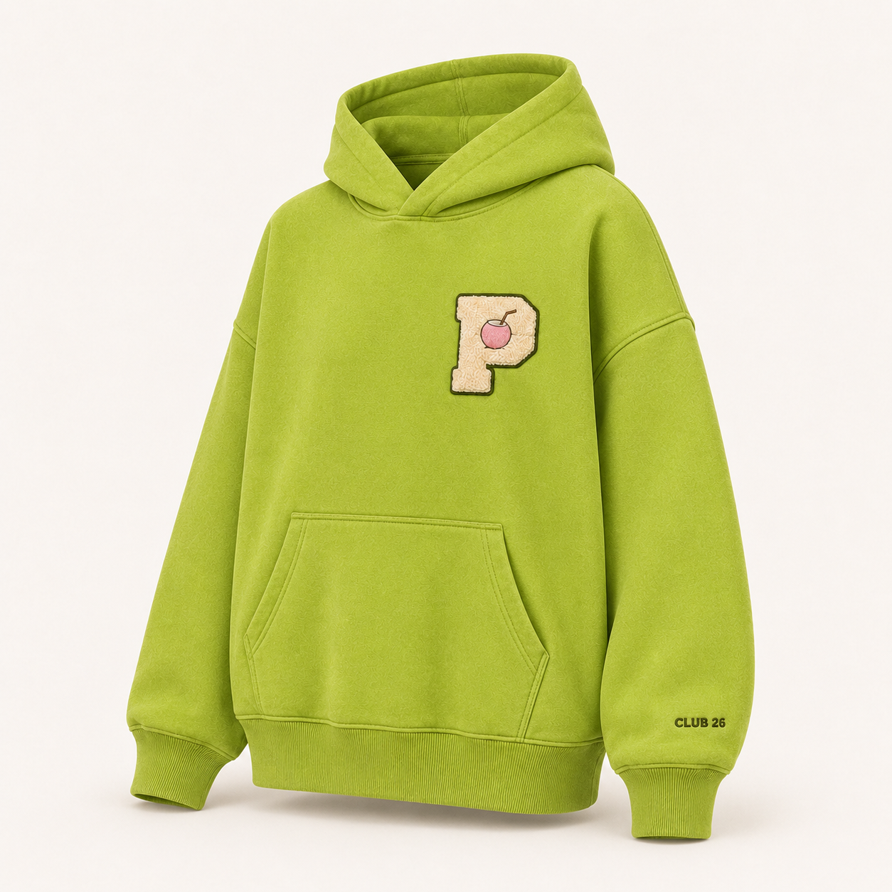 PinkyCoco Acid Palm Smiley women's graphic fleece hoodie model three-quarter view in acid green