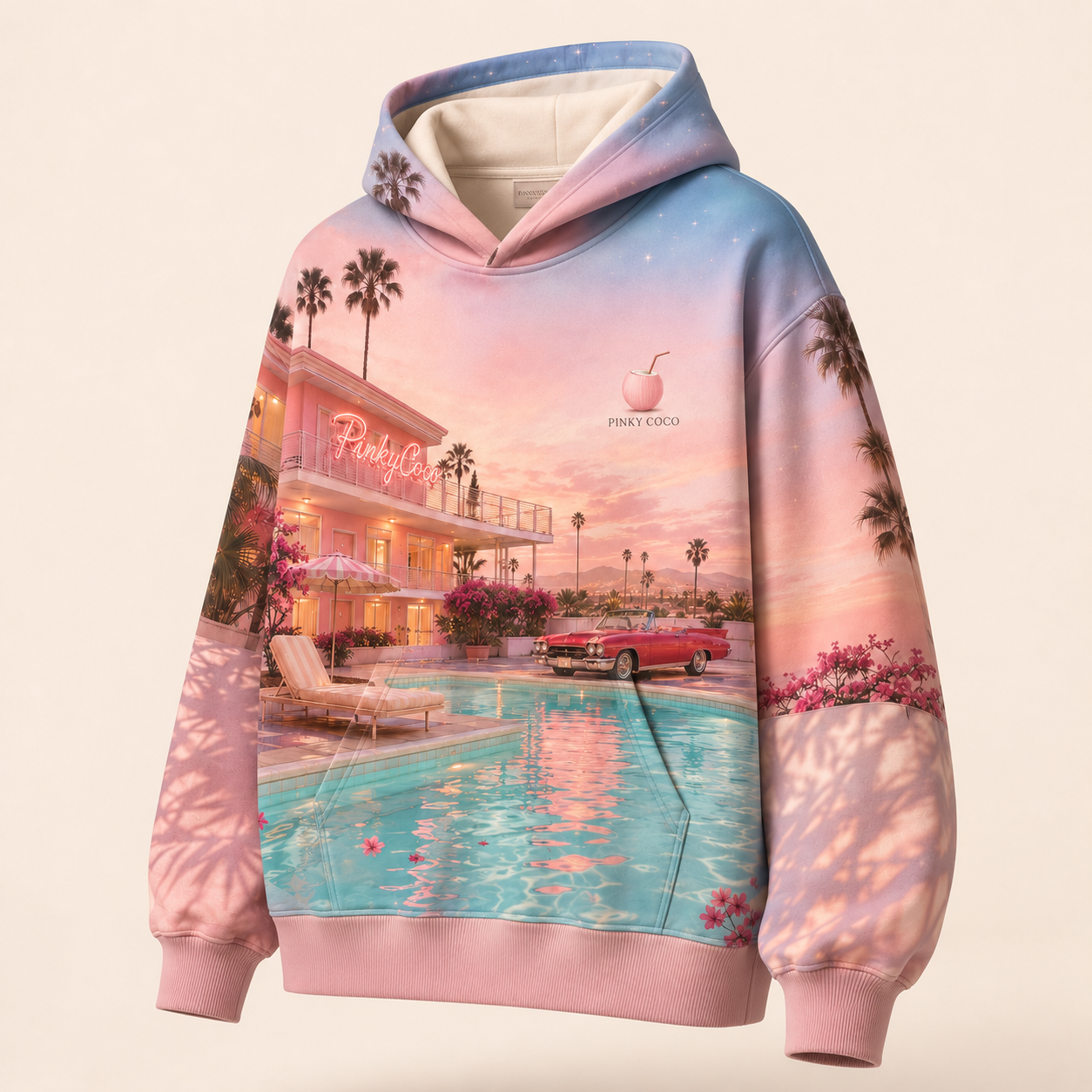 Three-quarter model view of the PinkyCoco Afterglow Motel women's hoodie
