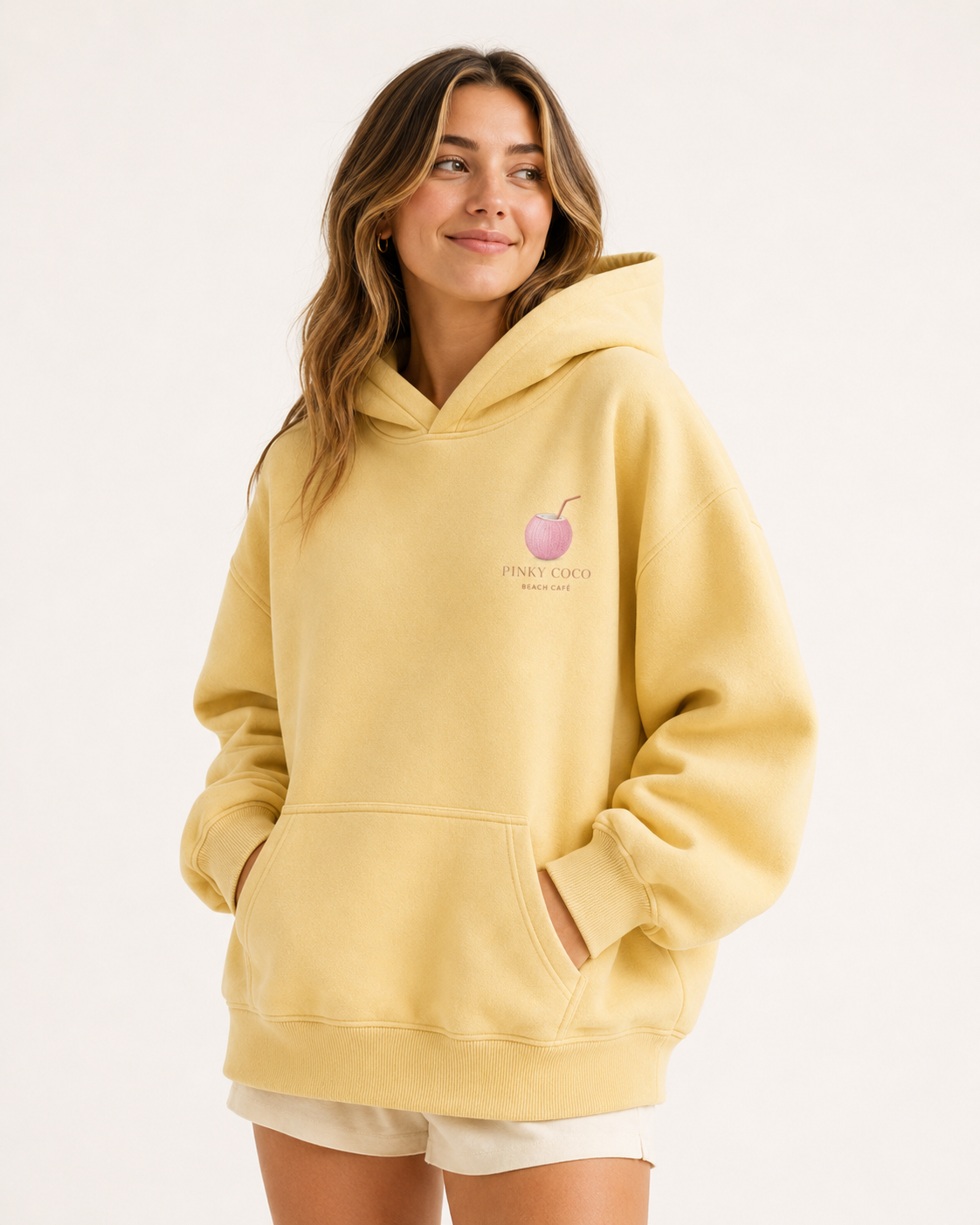 Three-quarter view of the PinkyCoco Beach Cafe women's hoodie