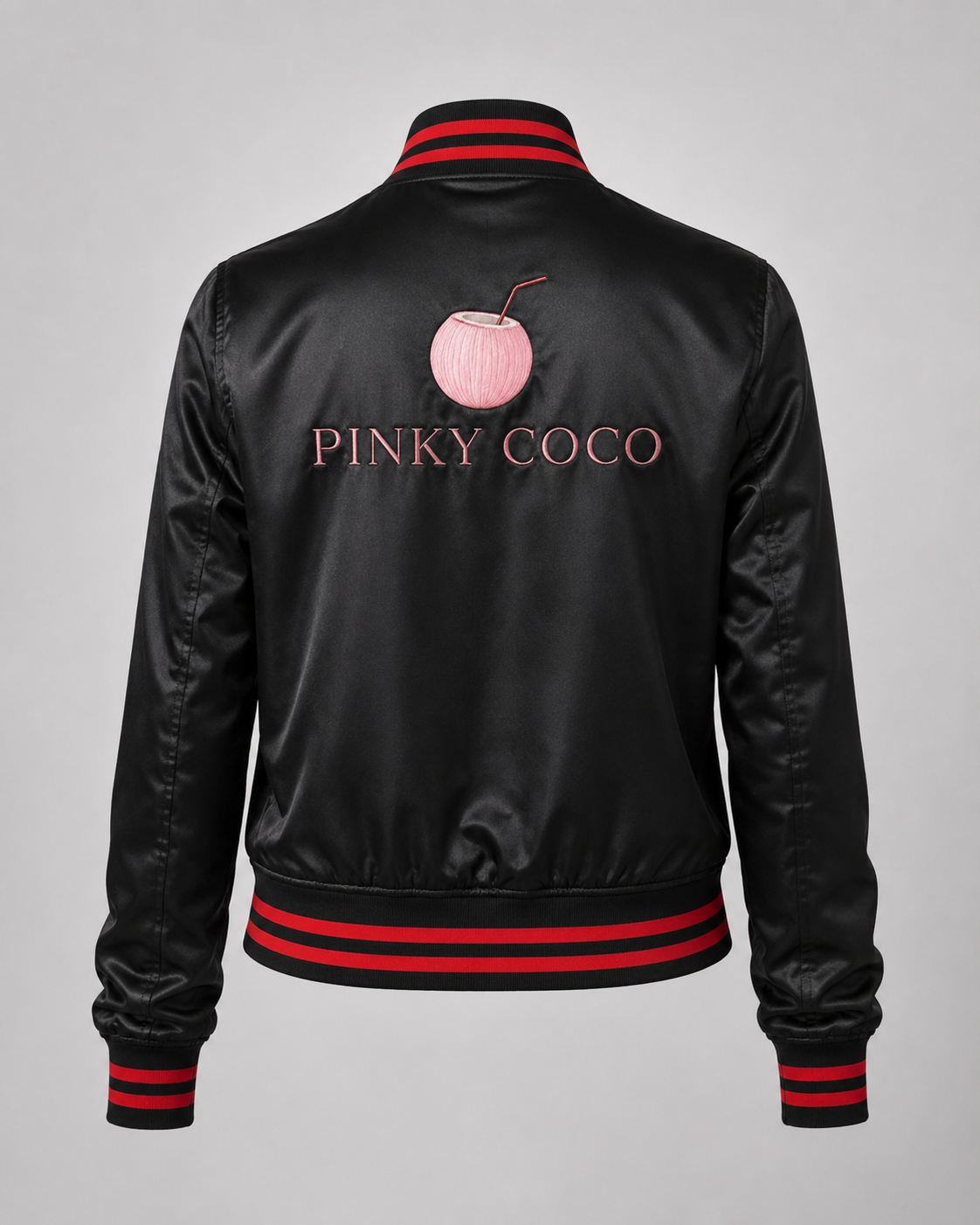 Model wearing PinkyCoco Black Red Coco Women's Satin Bomber Jacket, three-quarter view