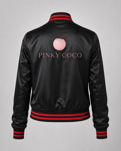 Model wearing PinkyCoco Black Red Coco Women's Satin Bomber Jacket, three-quarter view