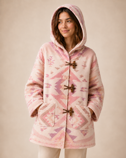 Three-quarter model view of the PinkyCoco Blush Desert Geo women's wool blend artistic hooded cape