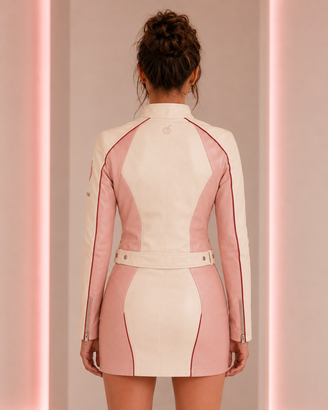 Three-quarter model view of the PinkyCoco Blush women's sheepskin leather racing jacket and skirt set