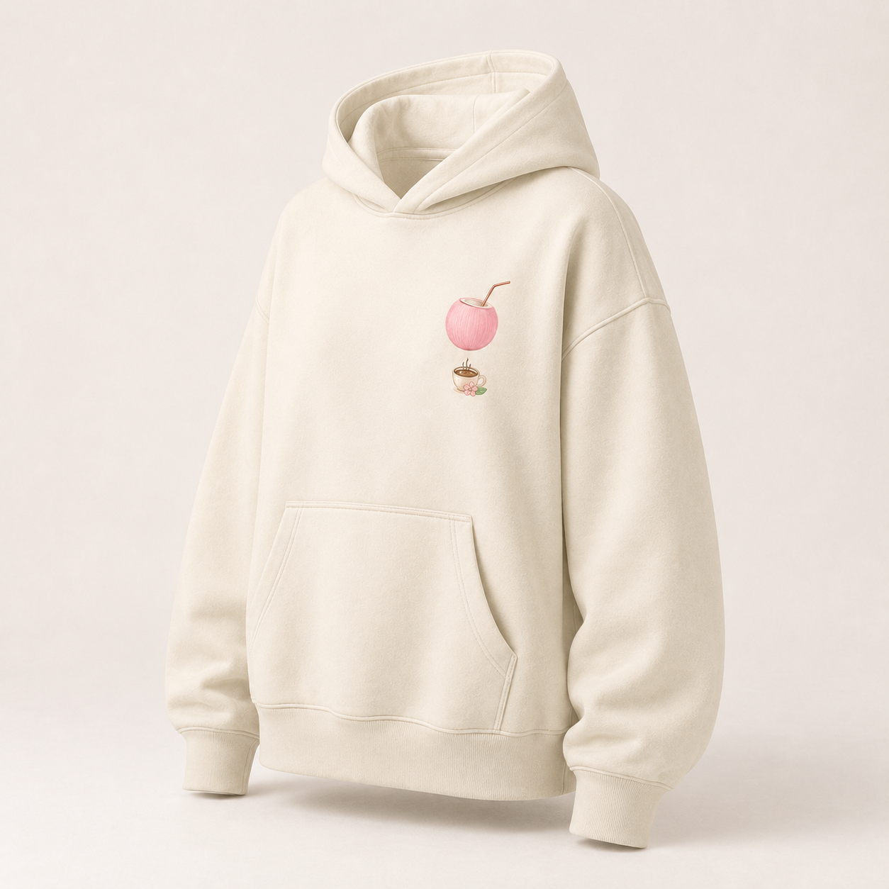 Three-quarter view of the PinkyCoco Cherry Blossom Coffee Coast women's hoodie