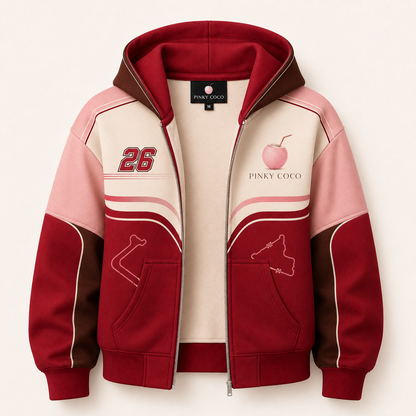 Model wearing the PinkyCoco Cherry Grand Prix women's racing hoodie, three-quarter view