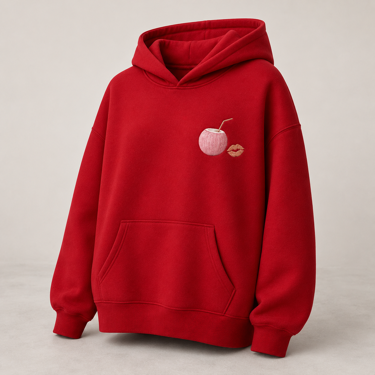Three-quarter view of the PinkyCoco Cherry Kiss Sunset women's hoodie