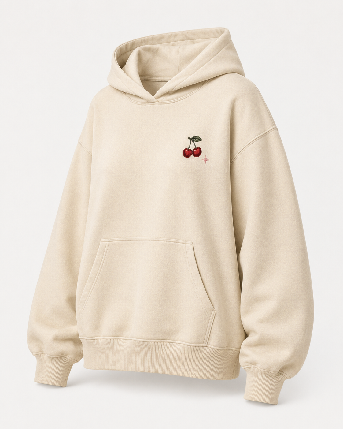 Three-quarter view of the PinkyCoco Cherry Picnic women's hoodie