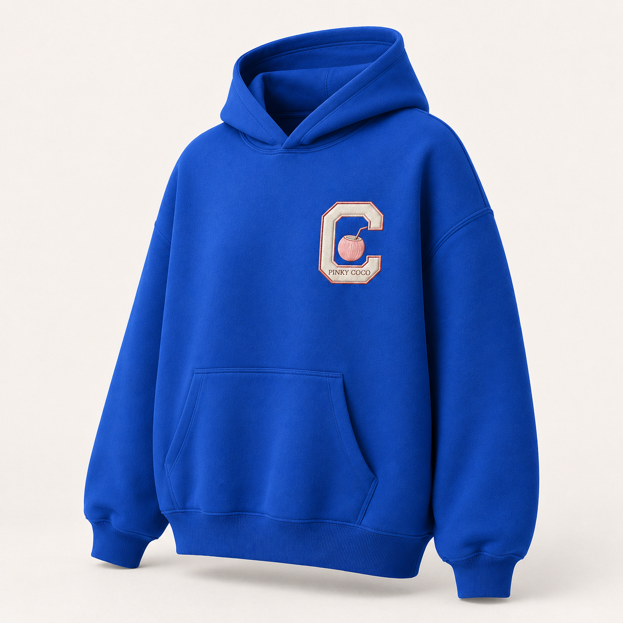 Three-quarter view of the PinkyCoco Cobalt Ocean women's hoodie